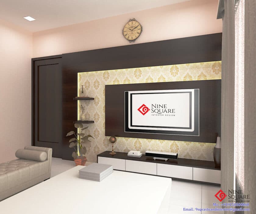 TV Unit Placed on a Golden-Designed Stencil Wallpaper TV Unit Placed on a Golden-Designed Stencil Wallpaper