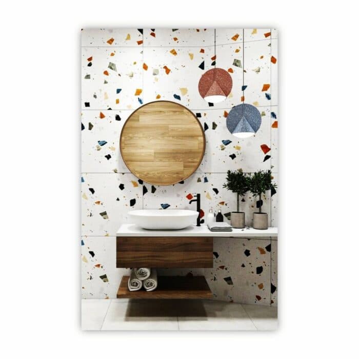 Modern Bathroom Vanity Against a Unique Terrazzo Wall Modern Bathroom Vanity Against a Unique Terrazzo Wall