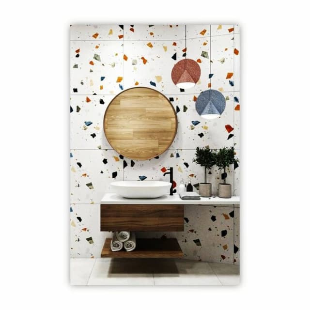 Modern Bathroom Vanity Against a Unique Terrazzo Wall Modern Bathroom Vanity Against a Unique Terrazzo Wall