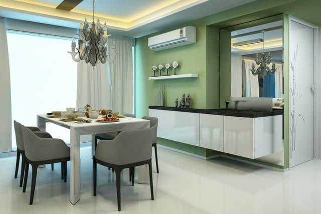 Modern Dining Room Featuring a Large White Dining Table Modern Dining Room Featuring a Large White Dining Table