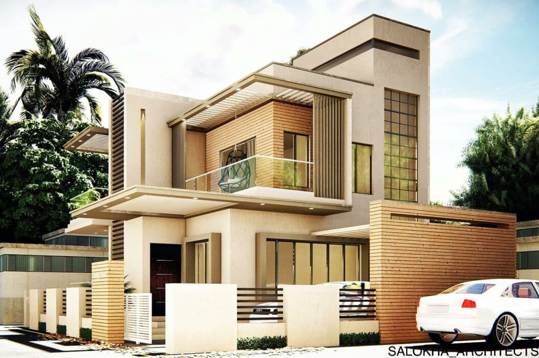 Modern Two-Story House with a Flat Roof and Multiple Balconies Modern Two-Story House with a Flat Roof and Multiple Balconies