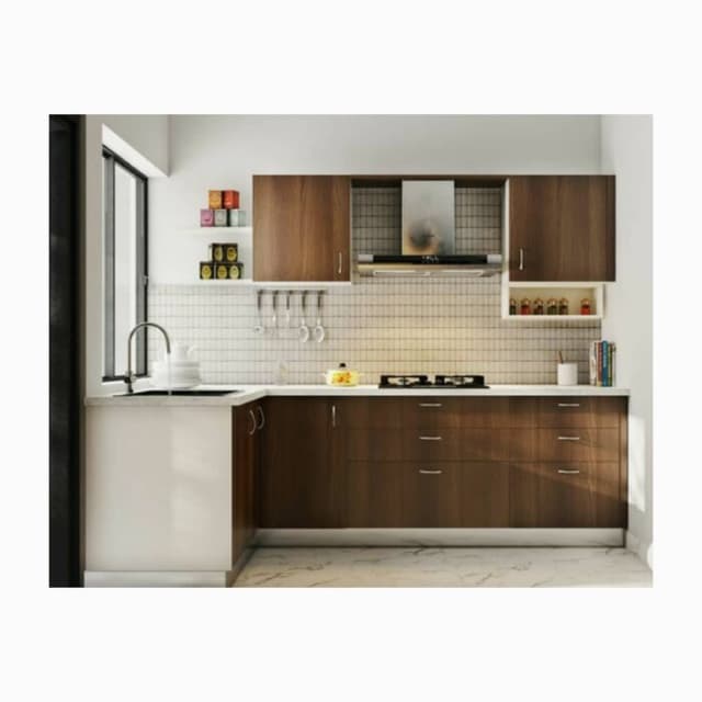 Modern Well-Organized L-Shaped Kitchen with White Marble Flooring Modern Well-Organized L-Shaped Kitchen with White Marble Flooring