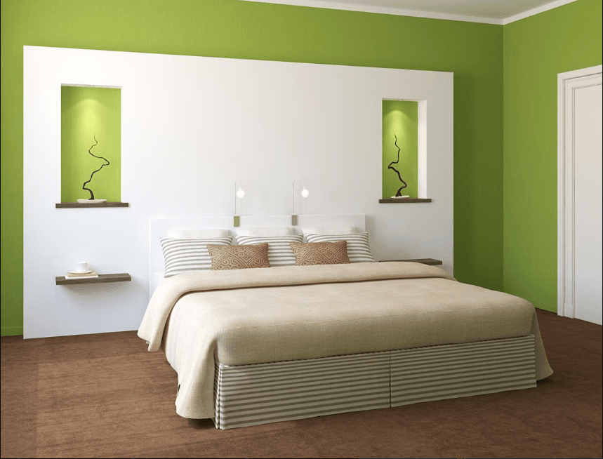 Master Bedroom Features a Soothing Palette of green and white Master Bedroom Features a Soothing Palette of green and white